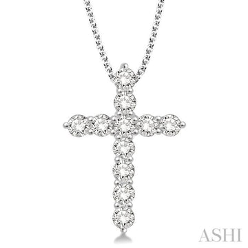 1 1/2 Ctw Round Cut Diamond Cross Pendant in 14K White Gold with Chain